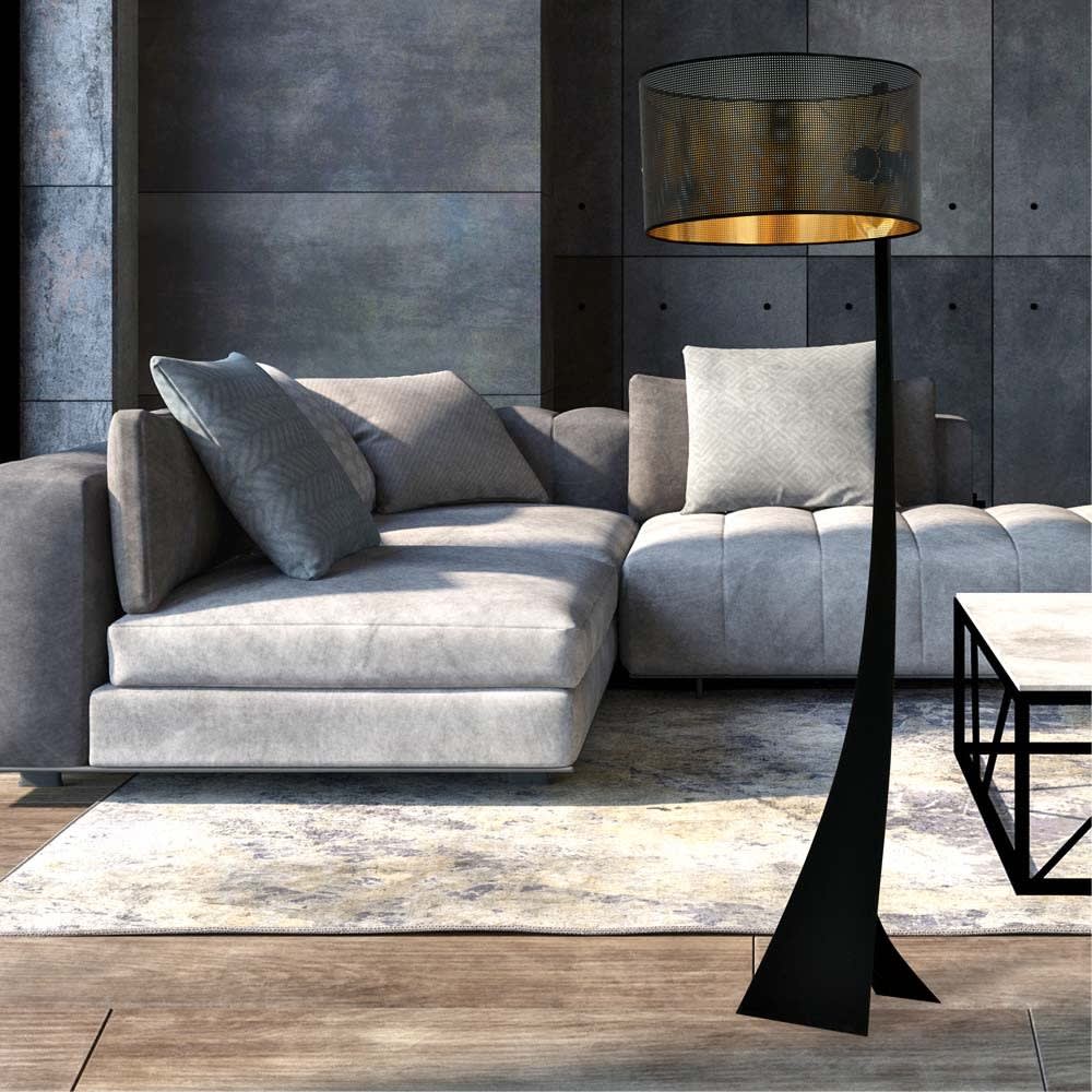 Lampadaire moderne et élégant avec abat-jour noir et intérieur doré