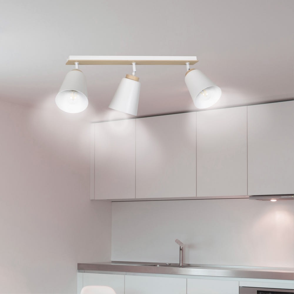 Regleta de techo nórdico con 3 focos orientables blanco y madera - Maisons du Monde