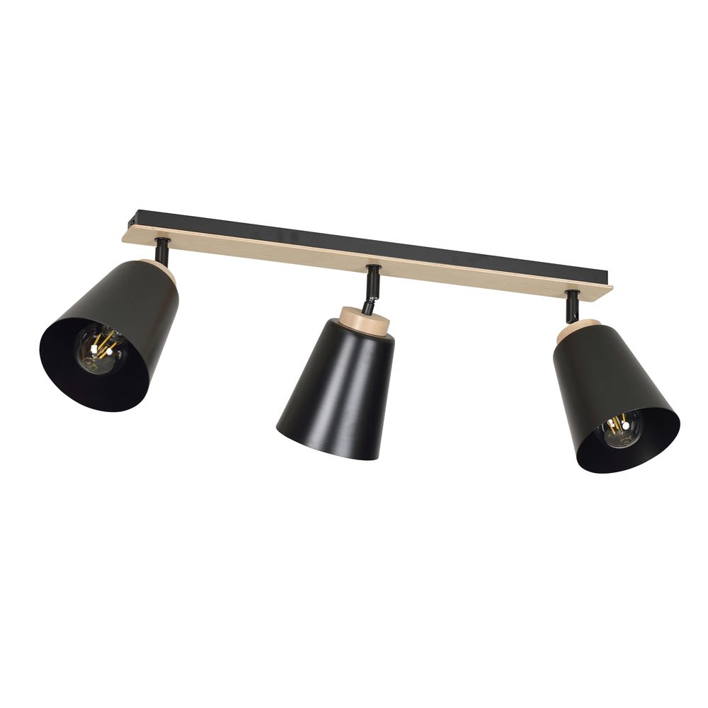 Wonderlamp Deckenstrahler mit 3 verstellbaren Strahlern in Schwarz und Holz style modern Schwarz Metall