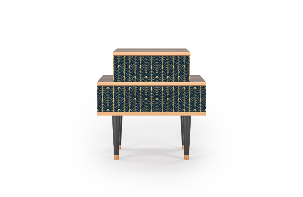 Table de chevet bleu et jaune 2 tiroirs L 58 cm