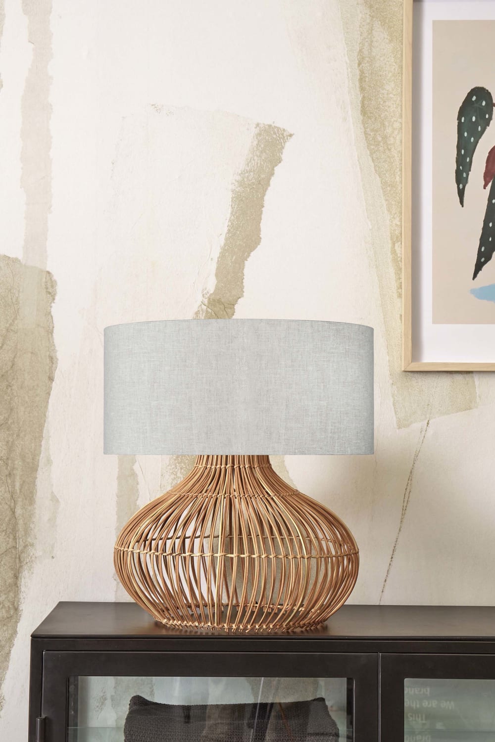 Lampe de table rotin abat-jour lin naturel/lin clair, h. 60cm