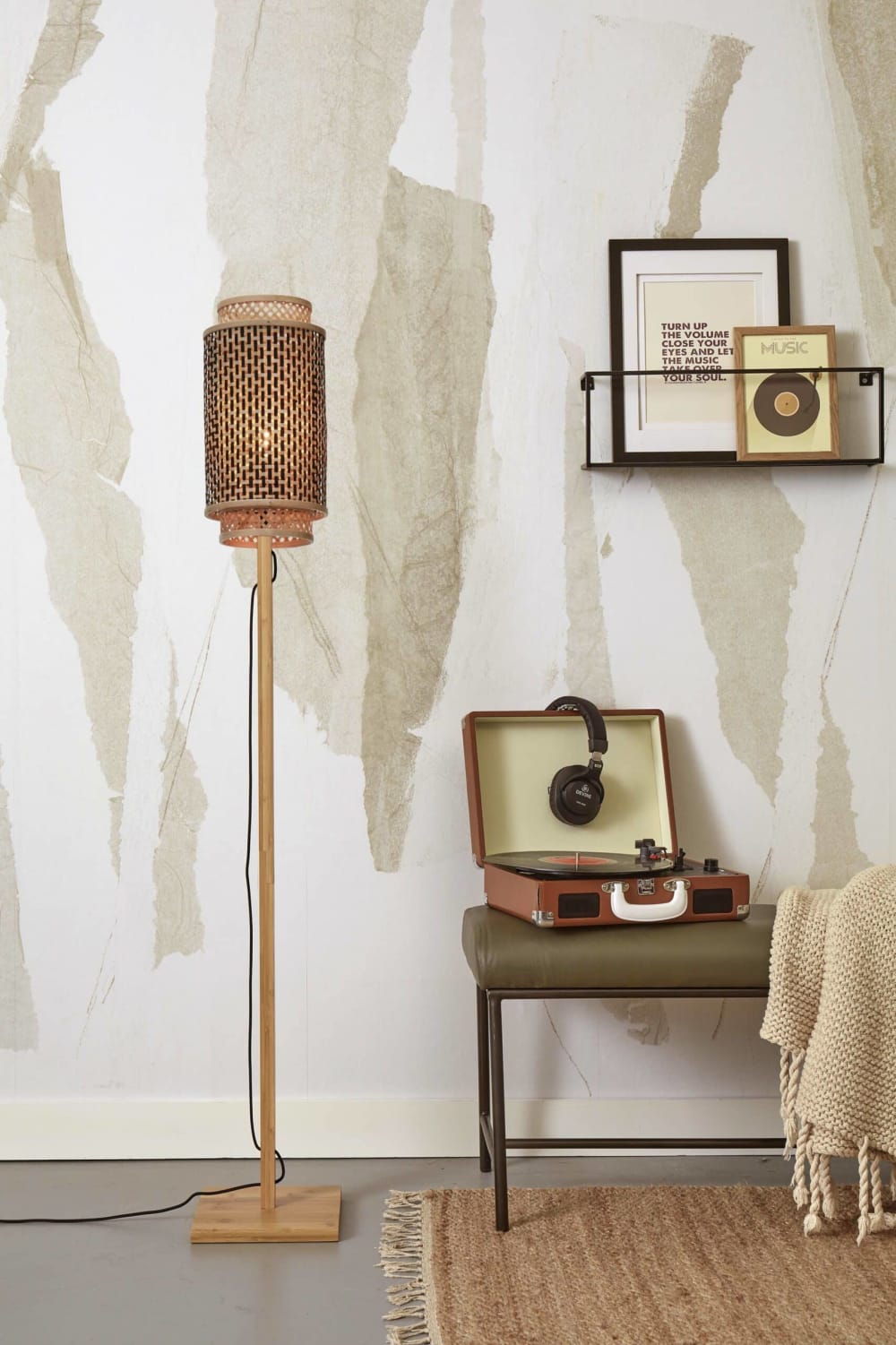 Lampadaire bambou abat-jour bambou naturel/noir, h. 45cm