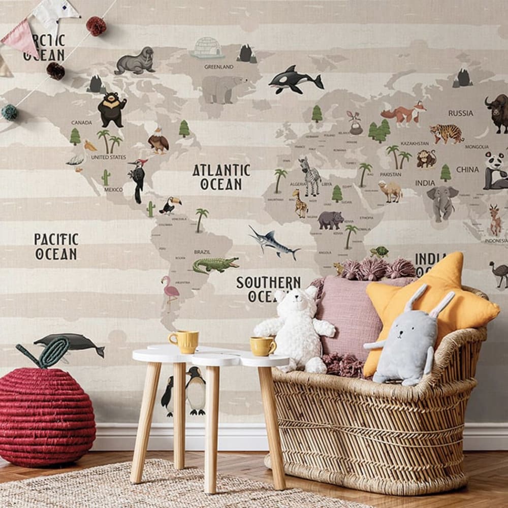 Papel pintado autoadhesivo mapamundi y animales 400x260cm