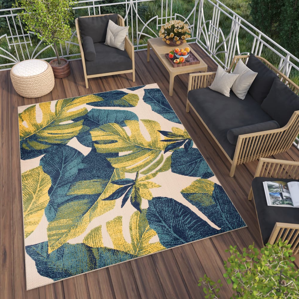 Tappeto interni esterni blu verde giallo foglie 3d 160 x 220 cm -