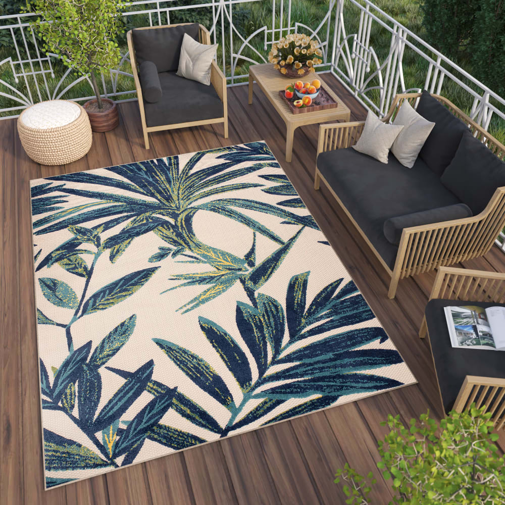 Alfombra interior exterior azul verde crema hojas 3d 160 x 220 cm - Maisons du Monde