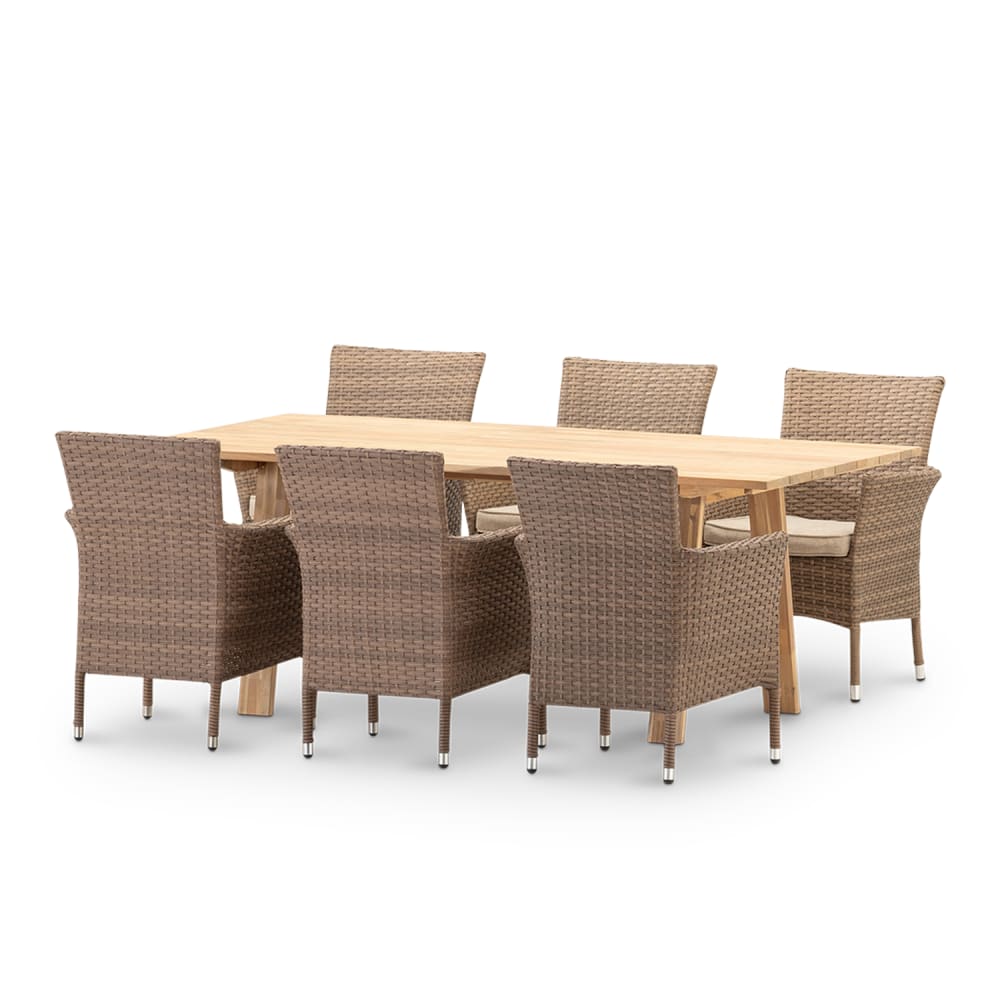 Table lattes 200x100 et 8 chaises empilables rotin