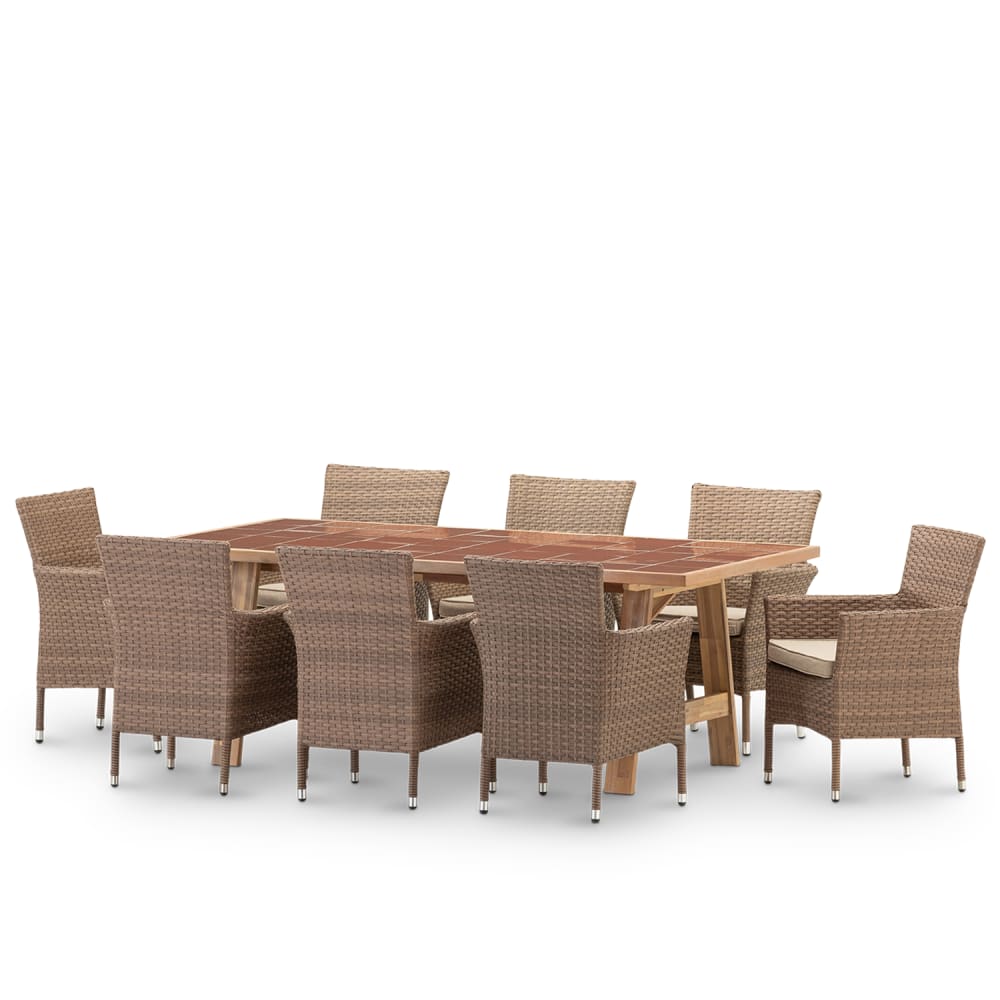 Table en céramique terre cuite 205x105 et 8 chaises empilables rotin