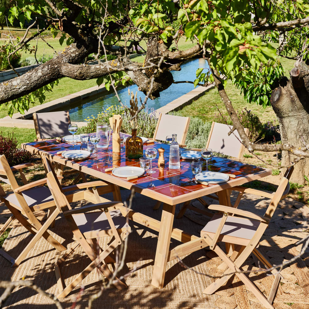 Table en céramique terre cuite 205x105 et 8 chaises textilene beige
