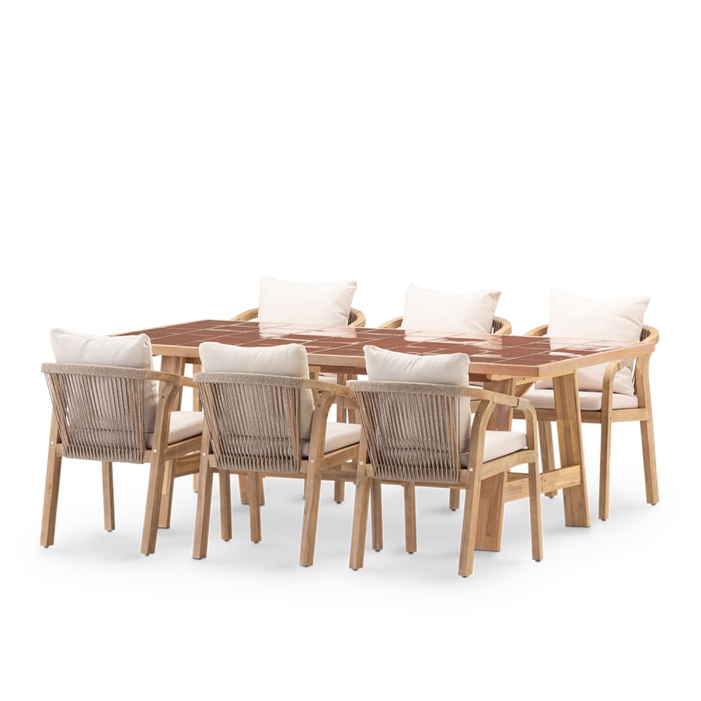 Table en céramique terre cuite 205x105 et 6 chaises en corde beige