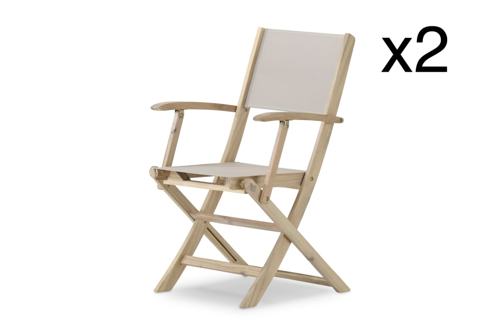 Pack de 2 sillas con brazos plegable madera y textileno beige