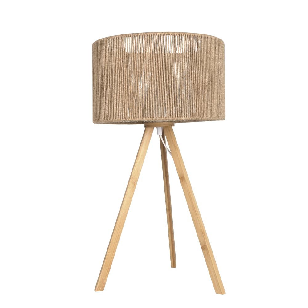 Lampe de table / chevet trépied en bambou et abat-jour en corde