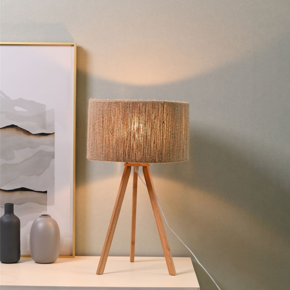 Lampe de table / chevet trépied en bambou et abat-jour en corde — vue 3