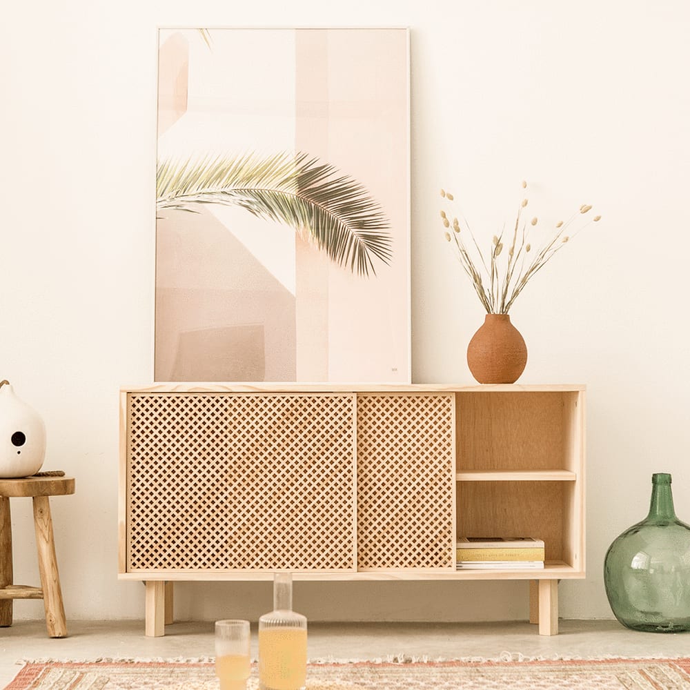 Sideboard aus massivem Naturholz mit 2 Türen 120 cm Unlackiert -