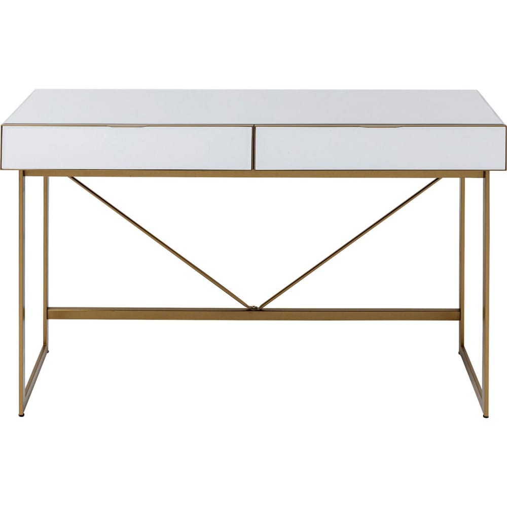 Bureau 2 tiroirs en verre miroir et acier doré