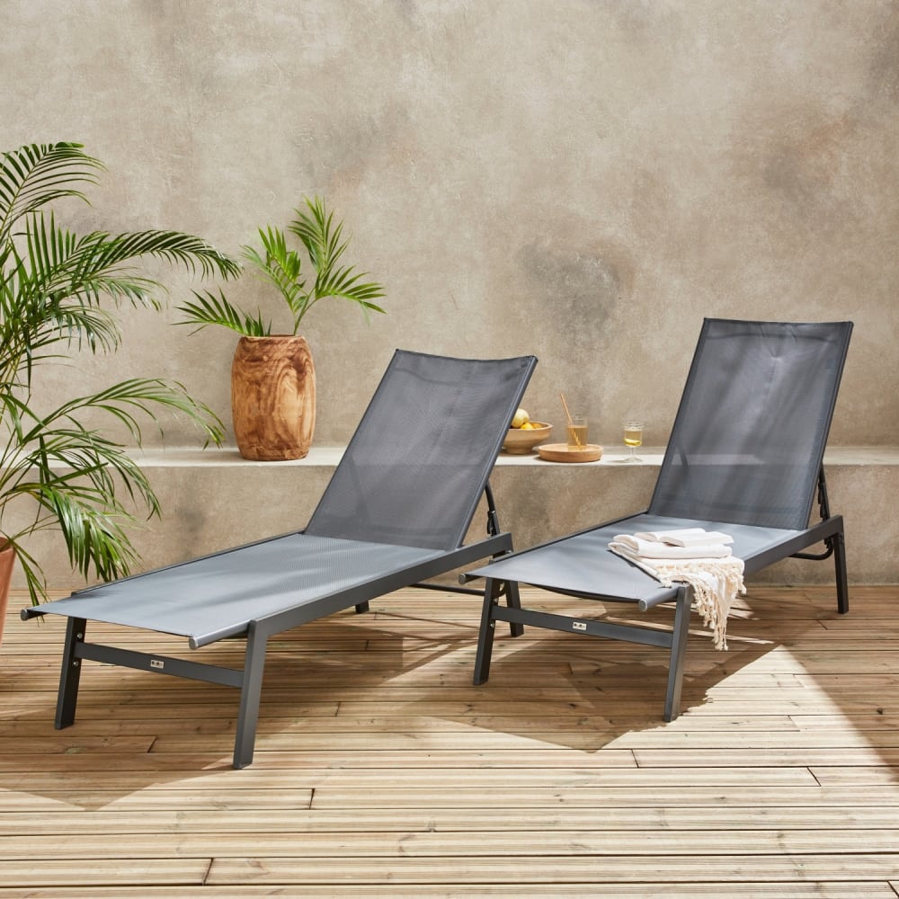 Tumbona de acero multi posiciones, set de 2, gris