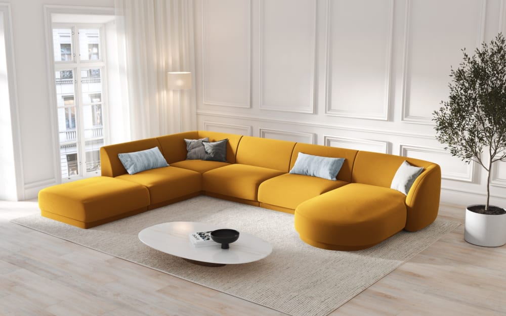 6-Sitzer Panorama-Ecksofa links aus Samt, gelb - Maisons Du Monde