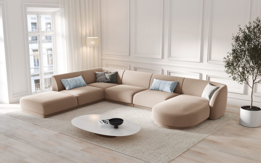 Canapé d'angle côté gauche 6 places en tissu velours cappuccino - Maisons du Monde