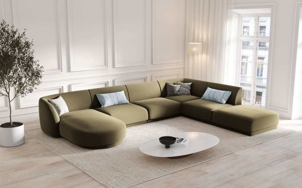 Canapé d'angle côté droit 6 places en tissu velours vert