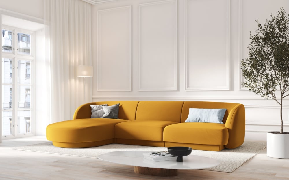 Canapé d'angle gauche 4 places en tissu velours jaune