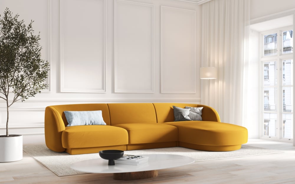 Canapé d'angle droit 4 places en tissu velours jaune