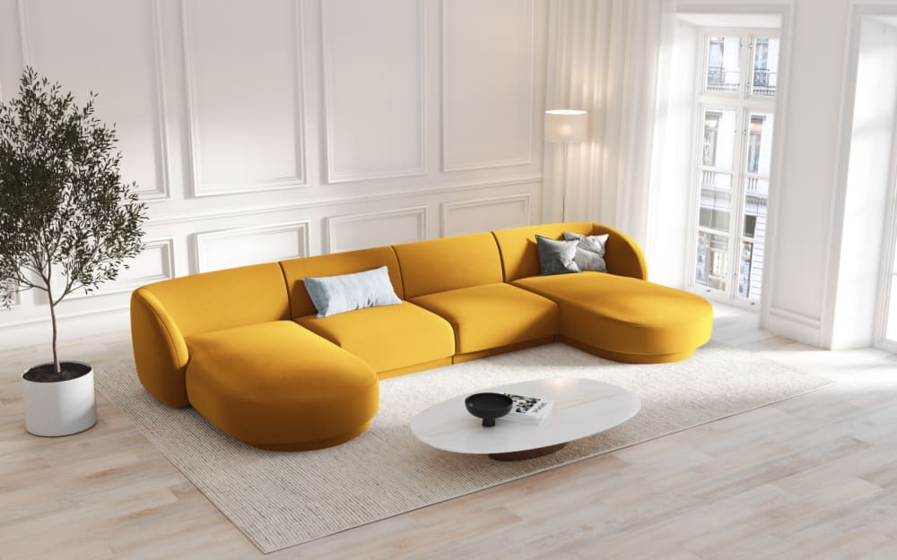Canapé panoramique 5 places en tissu velours jaune