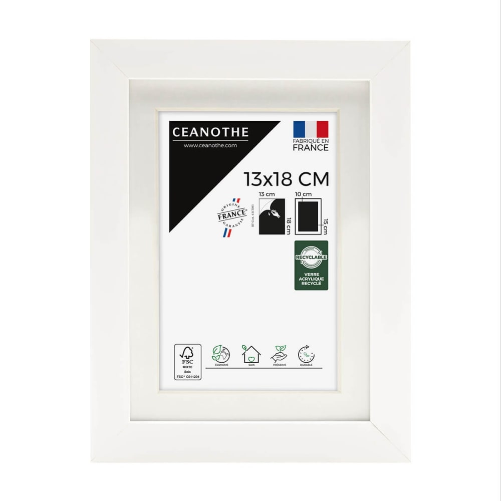 Cadre photo épais blanc 13x18 cm avec passe-partout bois reconstitué f