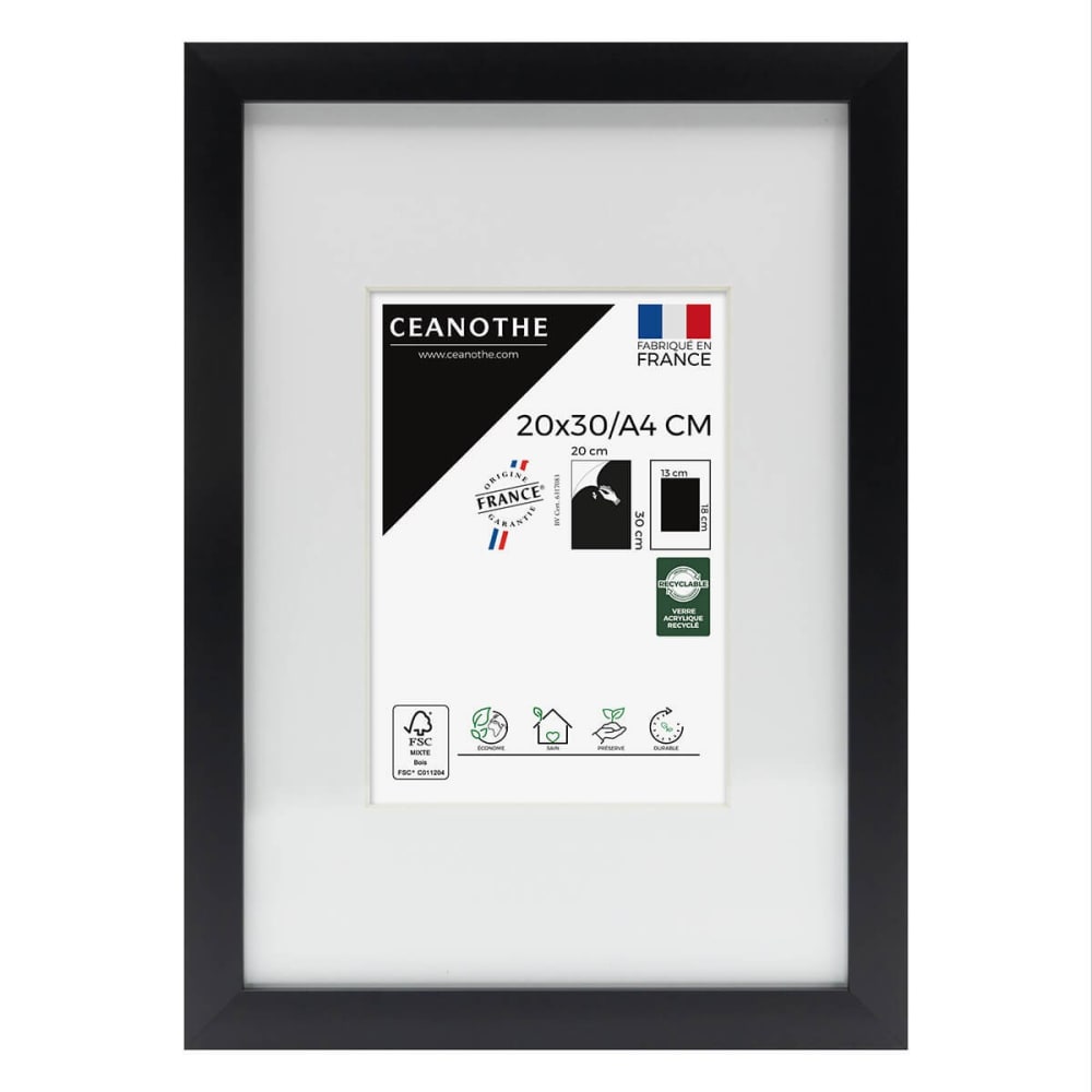 Cadre photo épais noir 20x30 cm avec passe-partout bois reconstitué fs