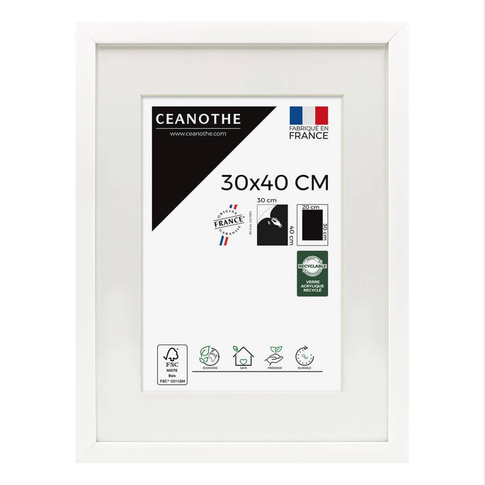 Cadre photo épais blanc 30x40 cm avec passe-partout bois reconstitué f