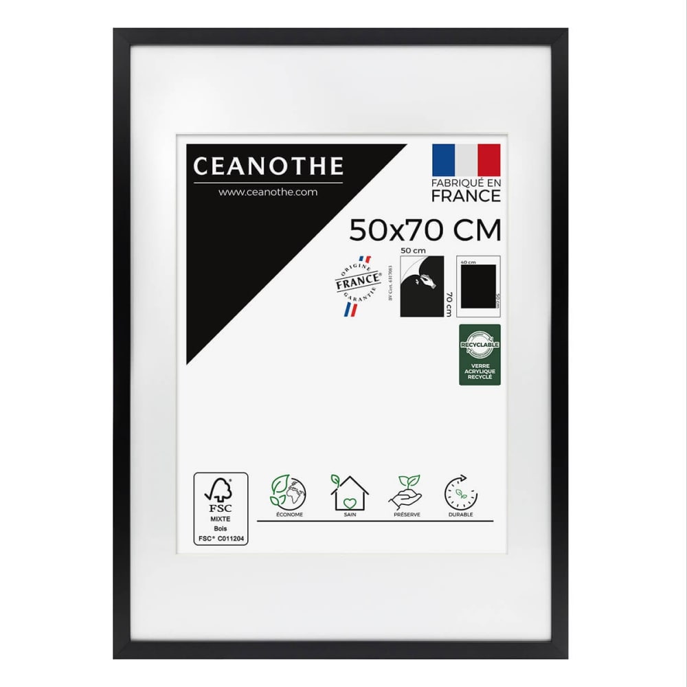 Cadre photo épais noir 50x70 cm avec passe-partout bois reconstitué fs