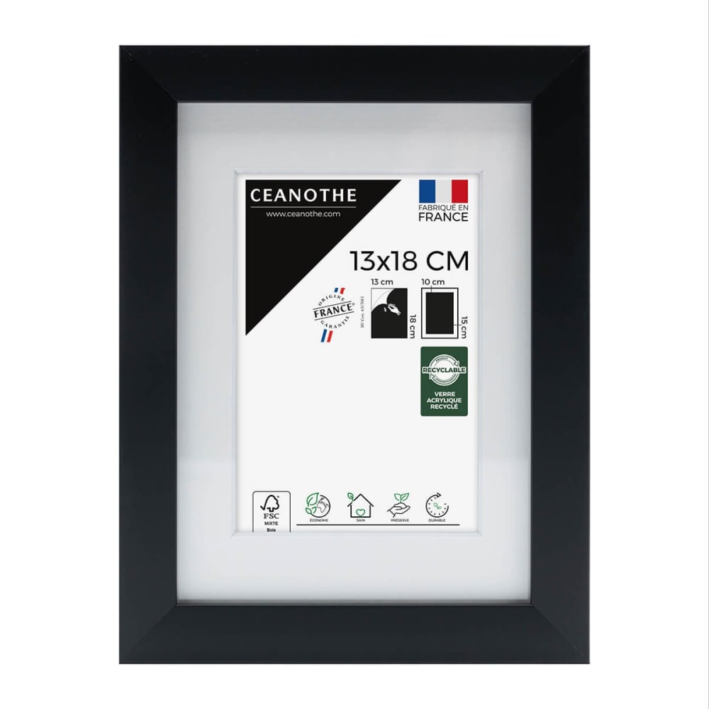 Cadre photo épais noir 13x18 cm avec passe-partout bois reconstitué fs