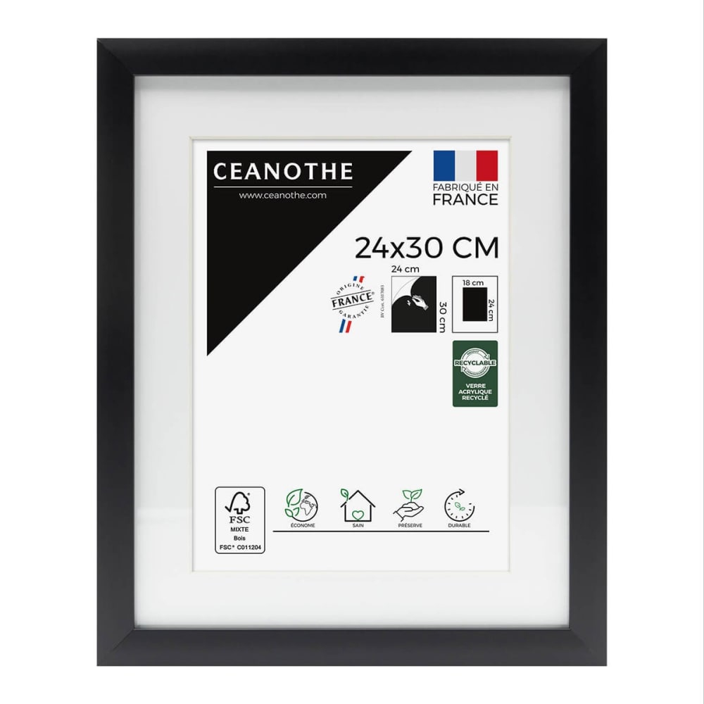 Cadre photo épais noir 24x30 cm avec passe-partout bois reconstitué fs