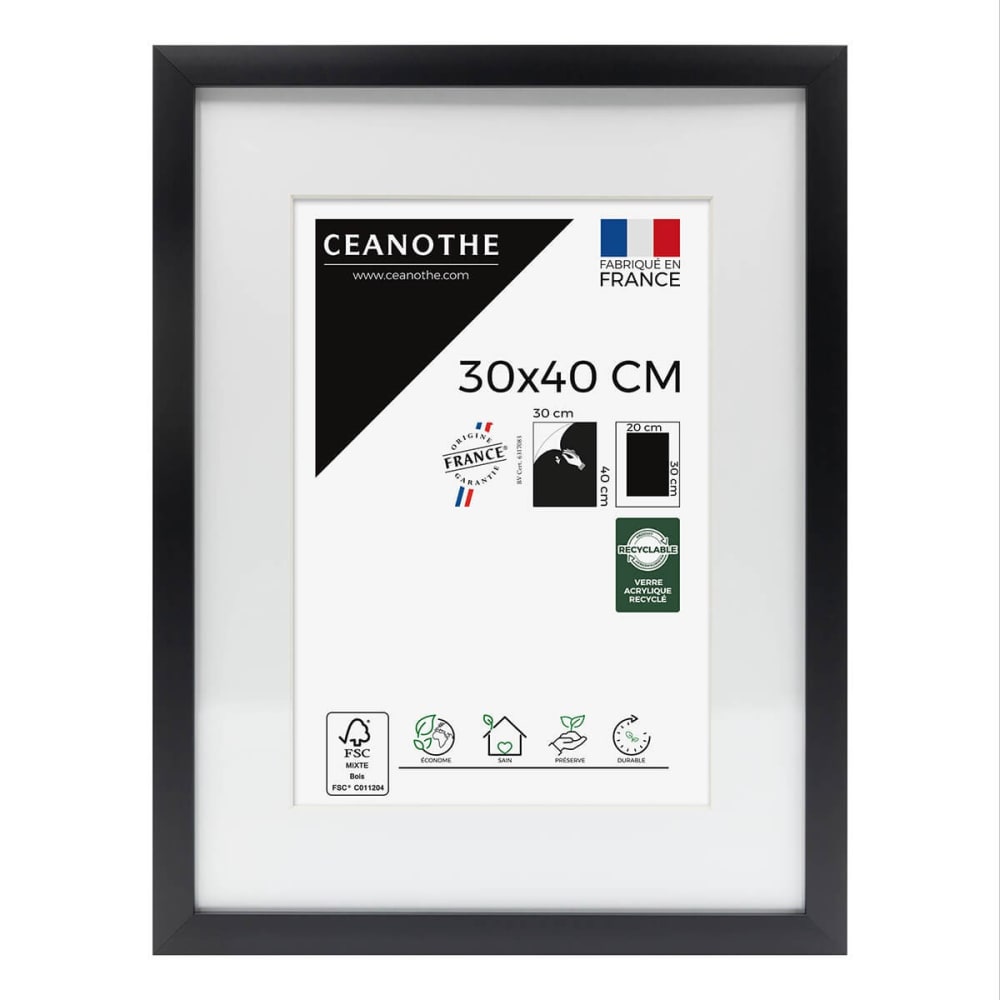 Cadre photo épais noir 30x40 cm avec passe-partout bois reconstitué fs