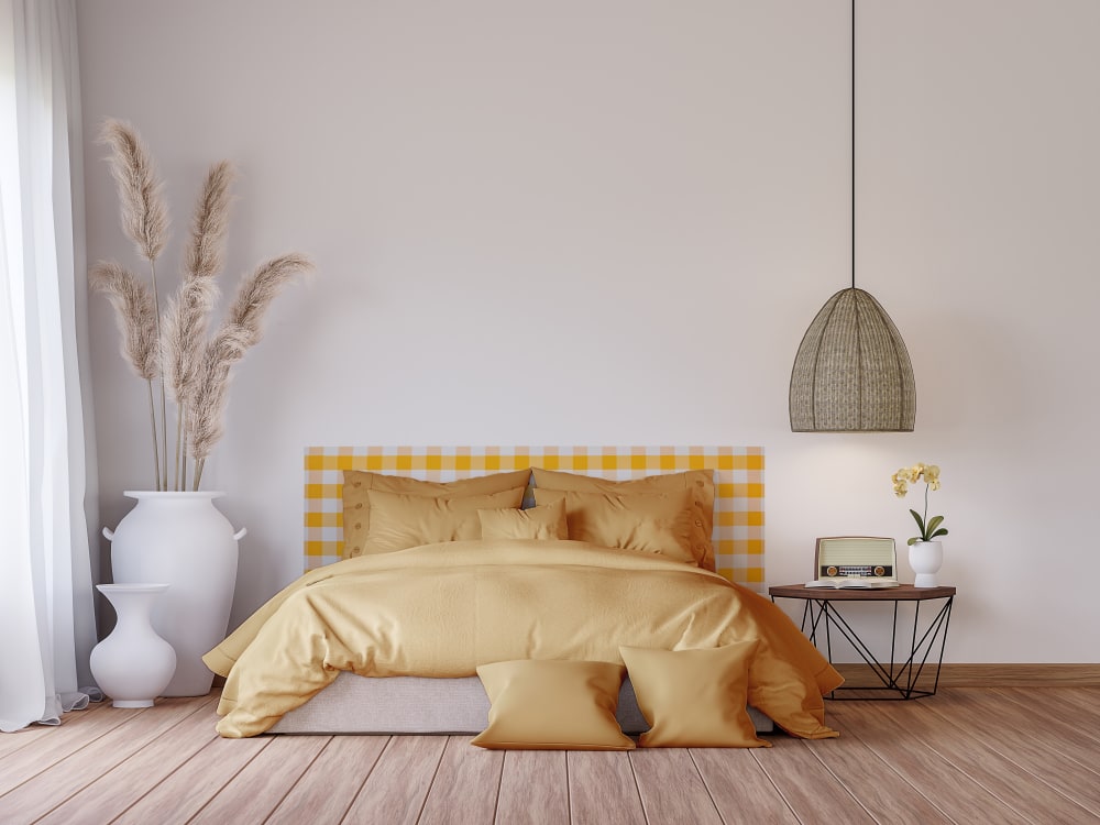 Cabecero tapizado tela vichy amarillo 145x52 cm - Maisons du Monde