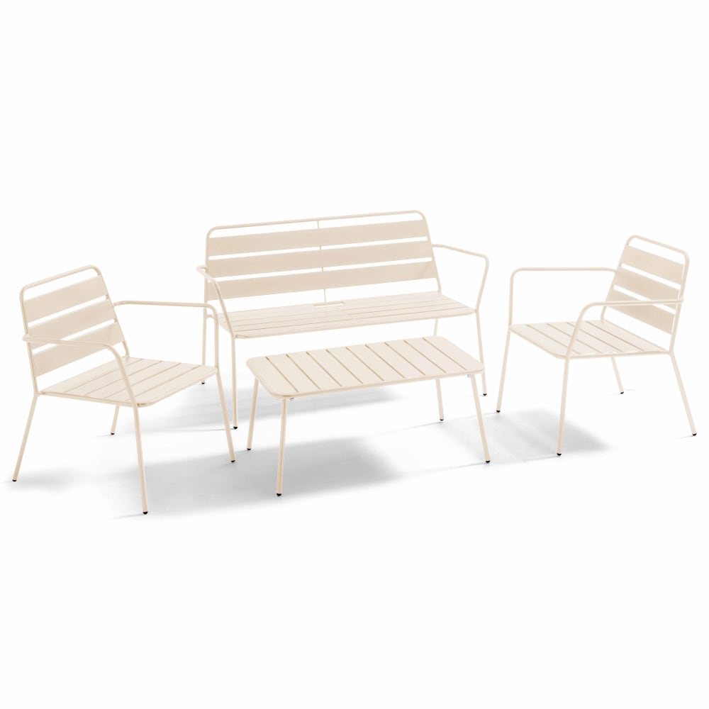 Salon de  jardin 4 places et 1 table basse en acier ivoire