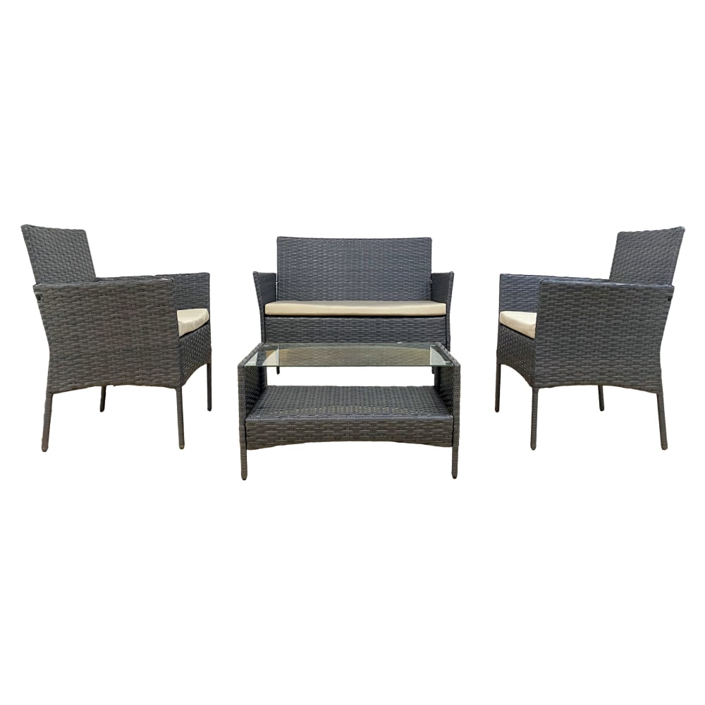 Salon de jardin 4 places en polyrotin gris avec coussins beige