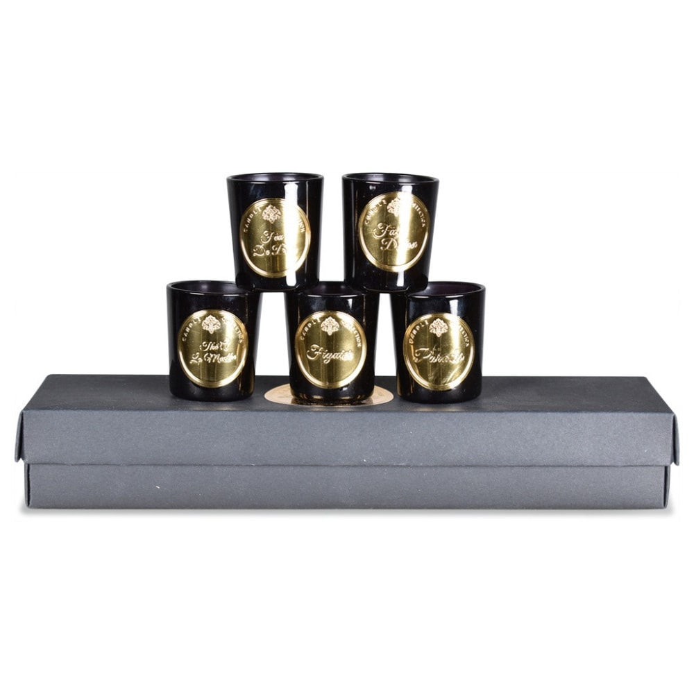OPJET Coffret de 5 minis pots pour découvrir nos odeurs : figuier, rose, sous bois, orchidée, pêcher. 7 heures (environ) de brûlage par bougie.
