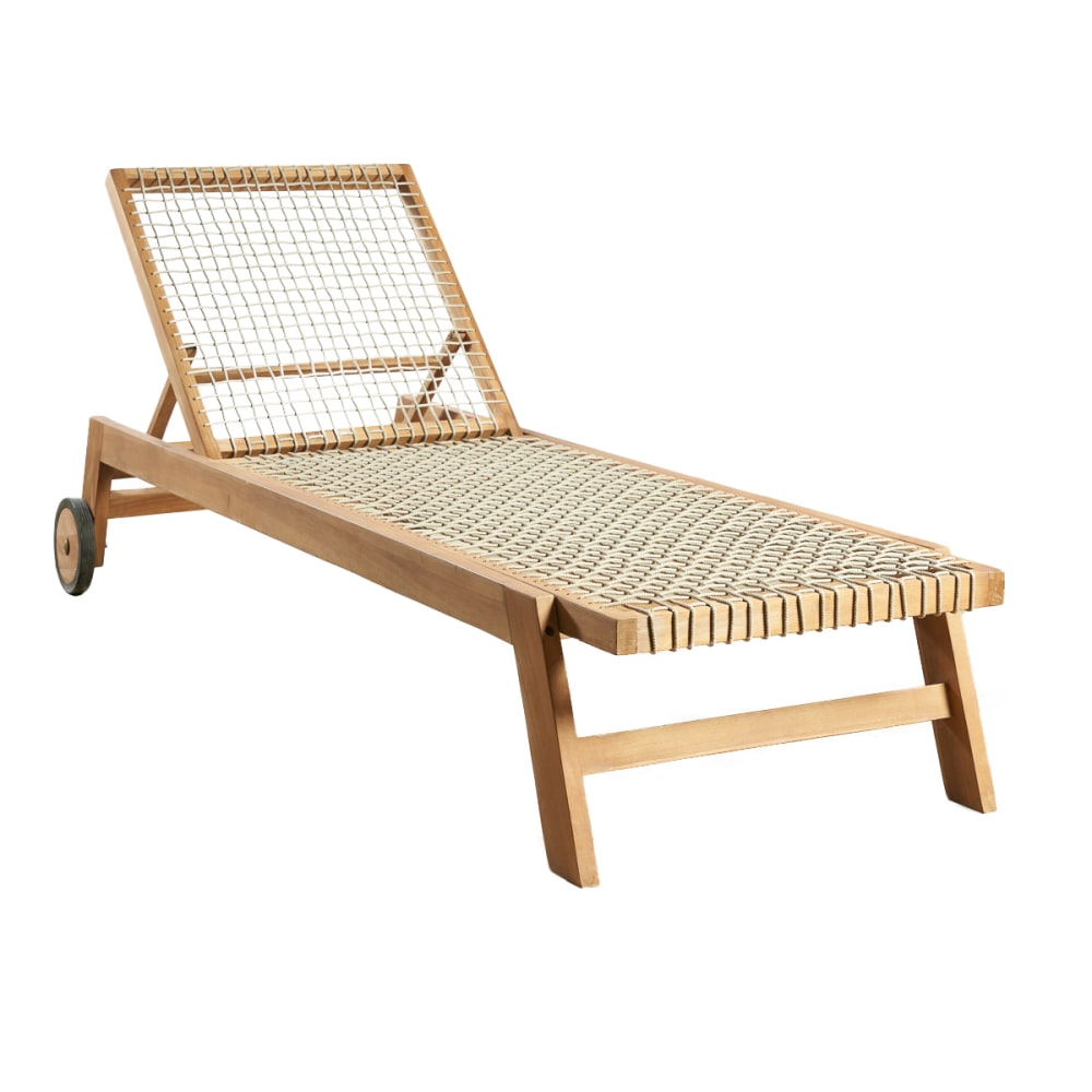 Bain de soleil en teck et corde avec roulette naturel