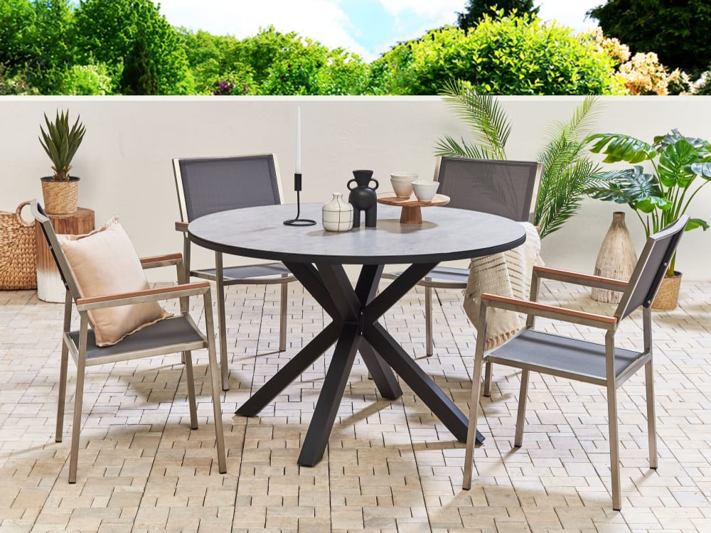 Table ronde 4 personnes en aluminium et verre gris