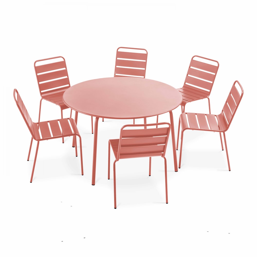 Oviala Ensemble table de jardin ronde et 6 chaises en métal argile style industriel Rose Acier