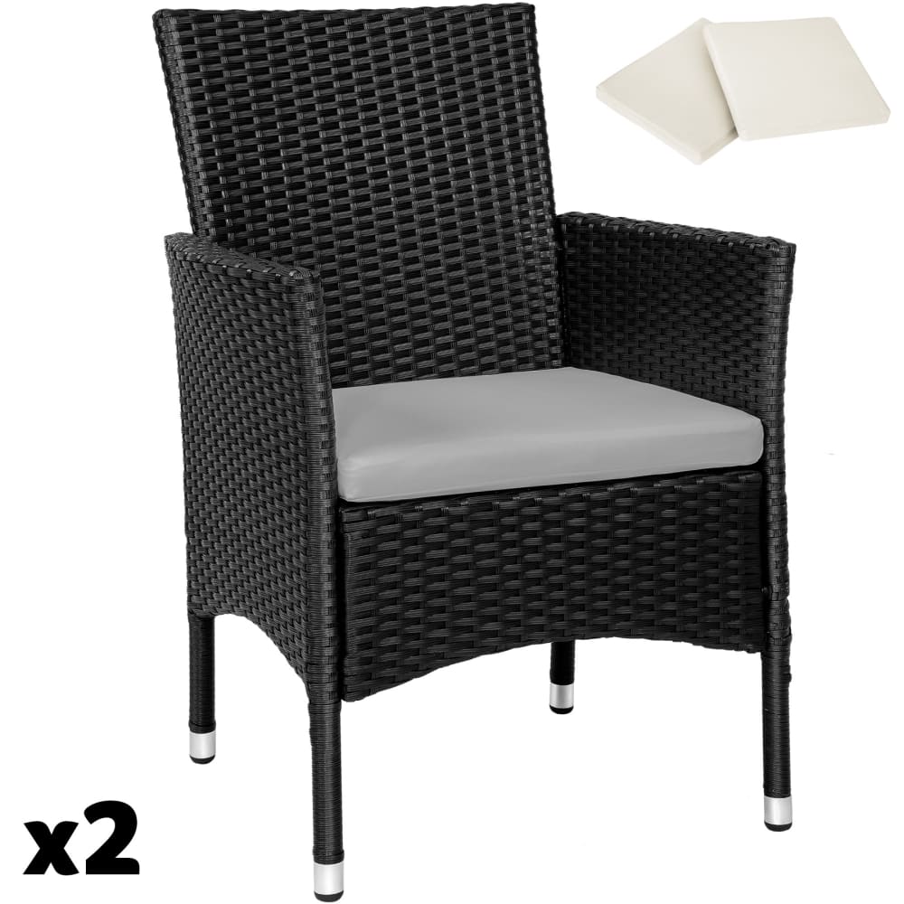 Lot de 2 fauteuils de jardin en rotin avec 2 sets housses noir/beige
