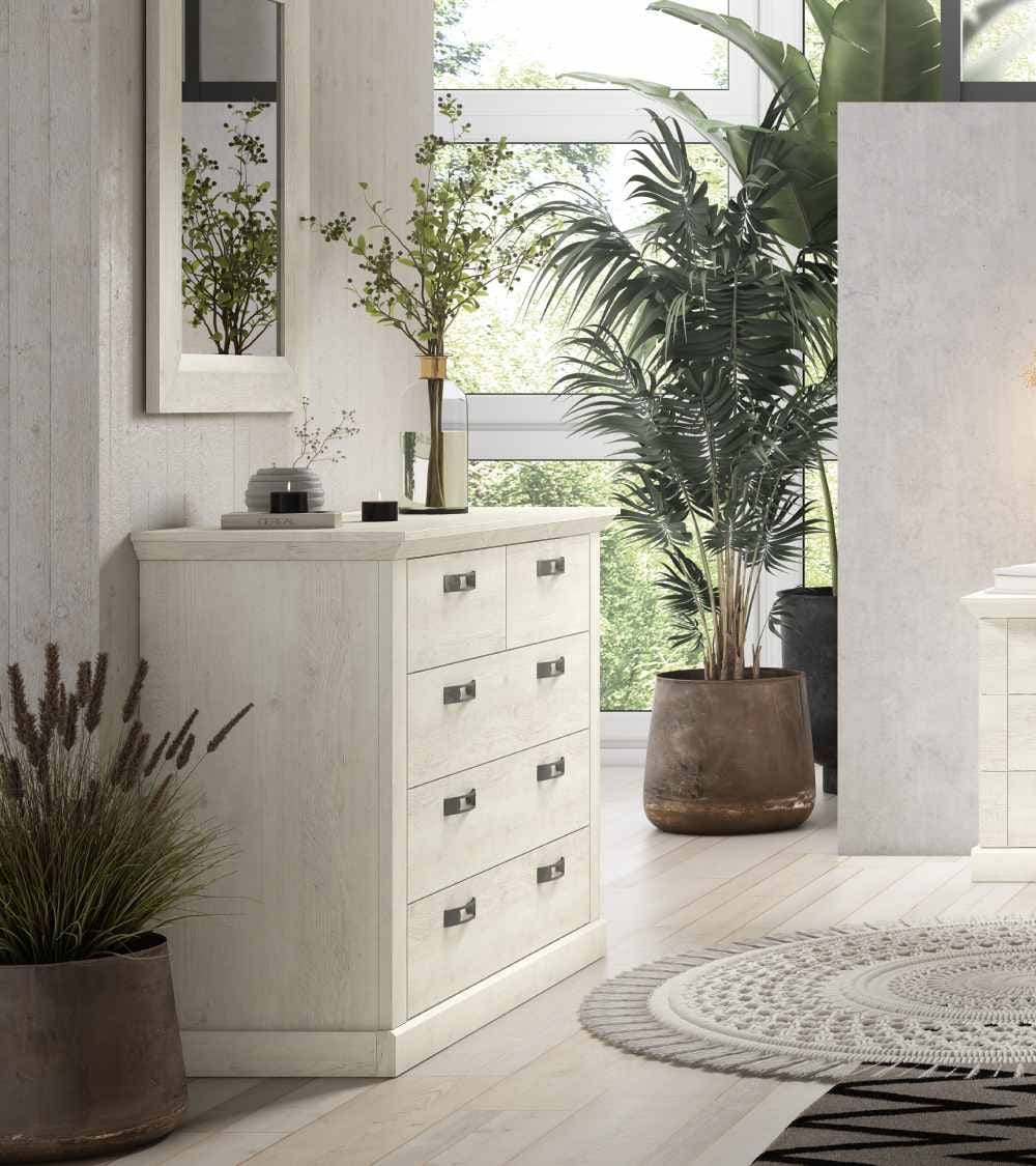 Cómoda de 5 cajones rústico moderno en color blanco pino - Maisons du Monde