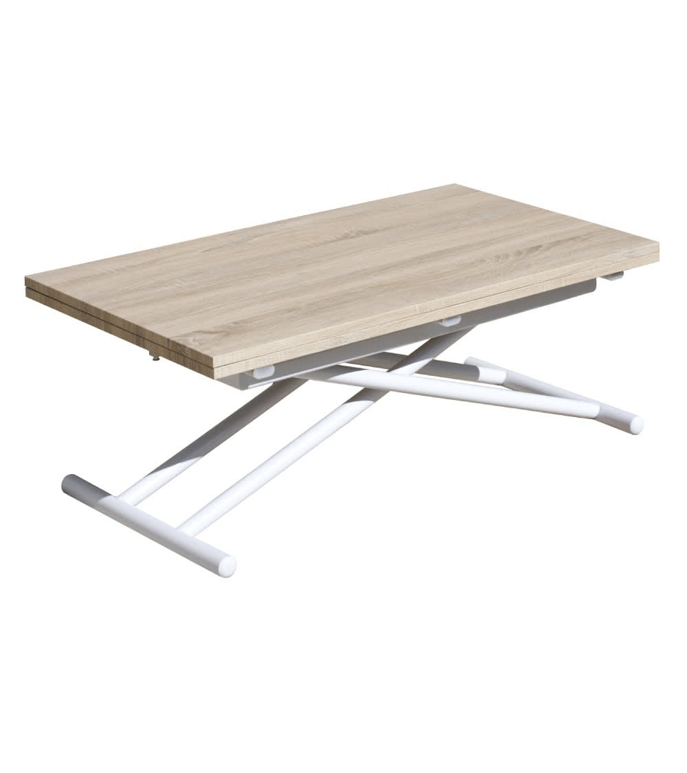 mesa centro convertible en mesa comedor roble y patas blancas