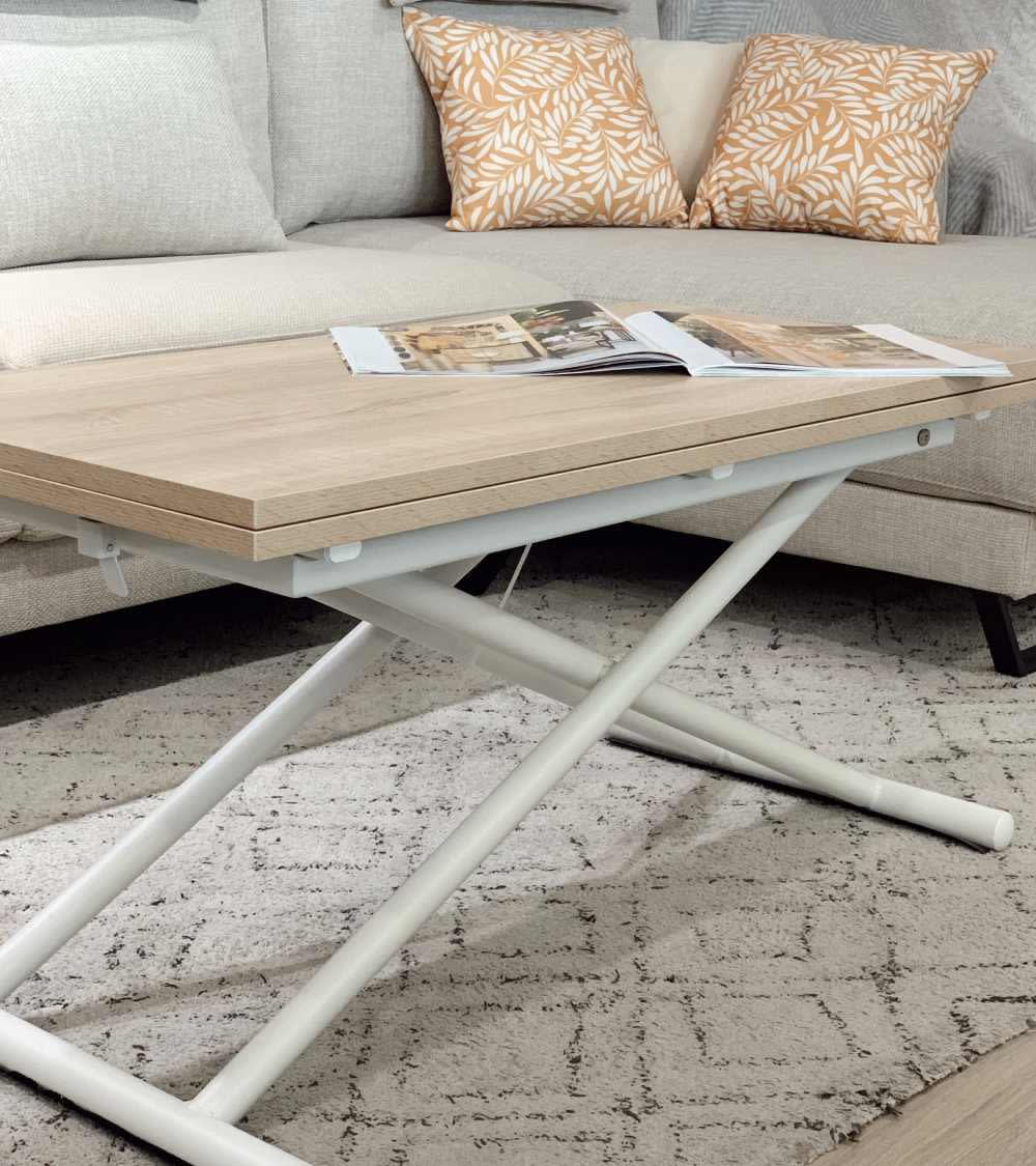 Mesa centro convertible en mesa comedor roble y patas blancas - Maisons du Monde