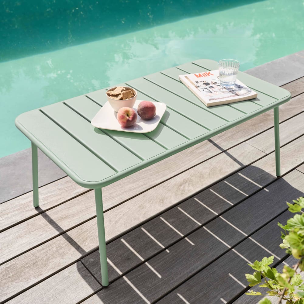 Table basse de jardin acier vert sauge 90 x 50 cm