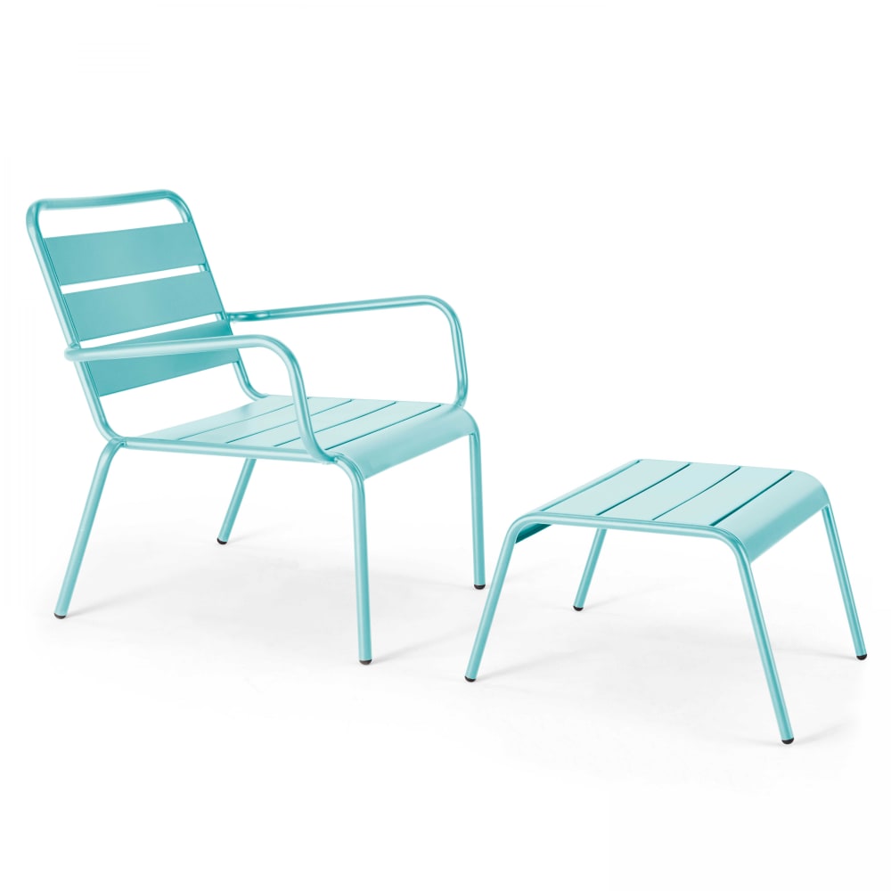 Fauteuil relax et repose pied en métal turquoise