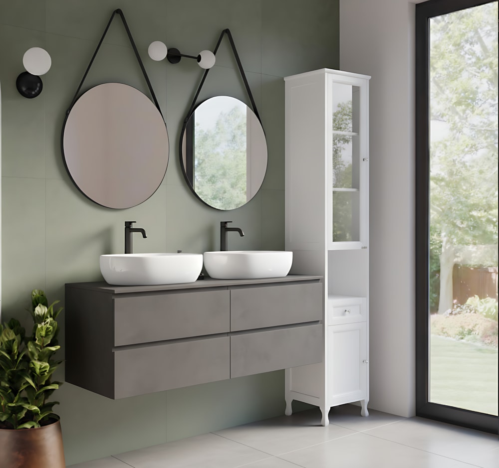 Mobile bagno a colonna in legno laccato bianco,vetrinetta