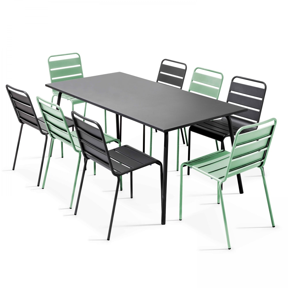 Conjunto mesa de jardín y 8 sillas de metal gris y verde salvia