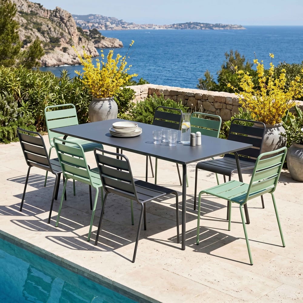 Ensemble table de jardin et 8 chaises en métal gris et vert sauge - Maisons du Monde