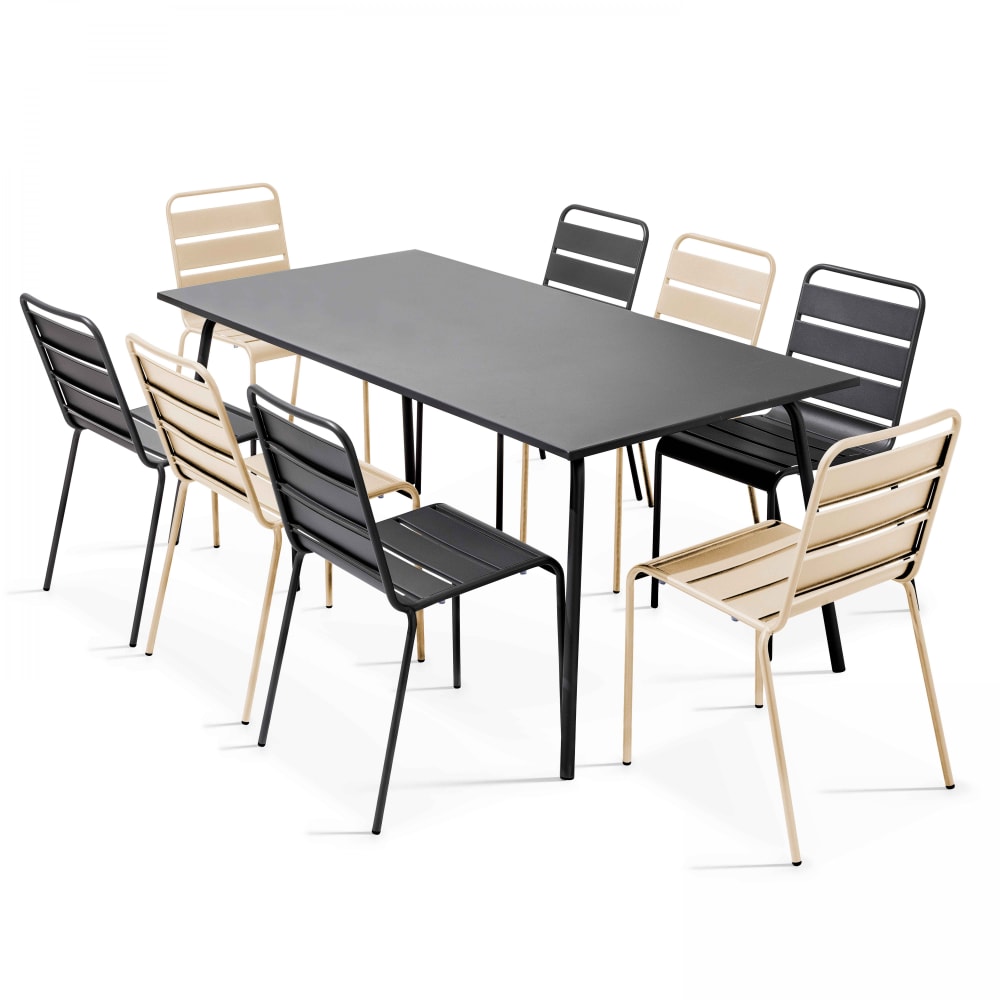 Ensemble table de jardin et 8 chaises en métal gris et ivoire