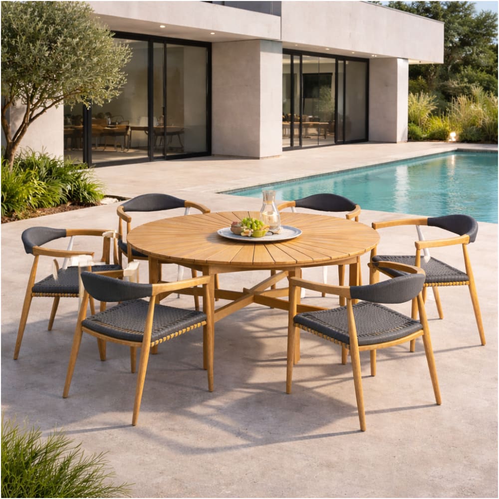 Ensemble table ronde en teck et 6 fauteuils en teck et corde